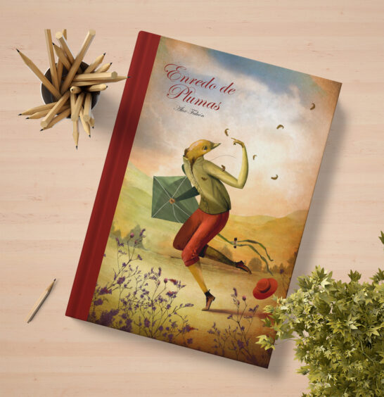 Ilustración en gouache por el ilustrador Álex Falcón - obra, álbum ilustrado [Enredo de plumas]